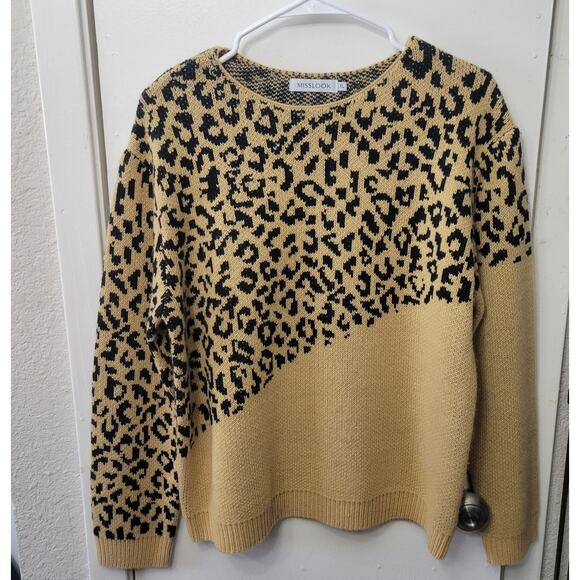 Leopard Print Pullover Round Neck Sweater Women's XL Tan & Black by Misslook - Picture 1 of 6